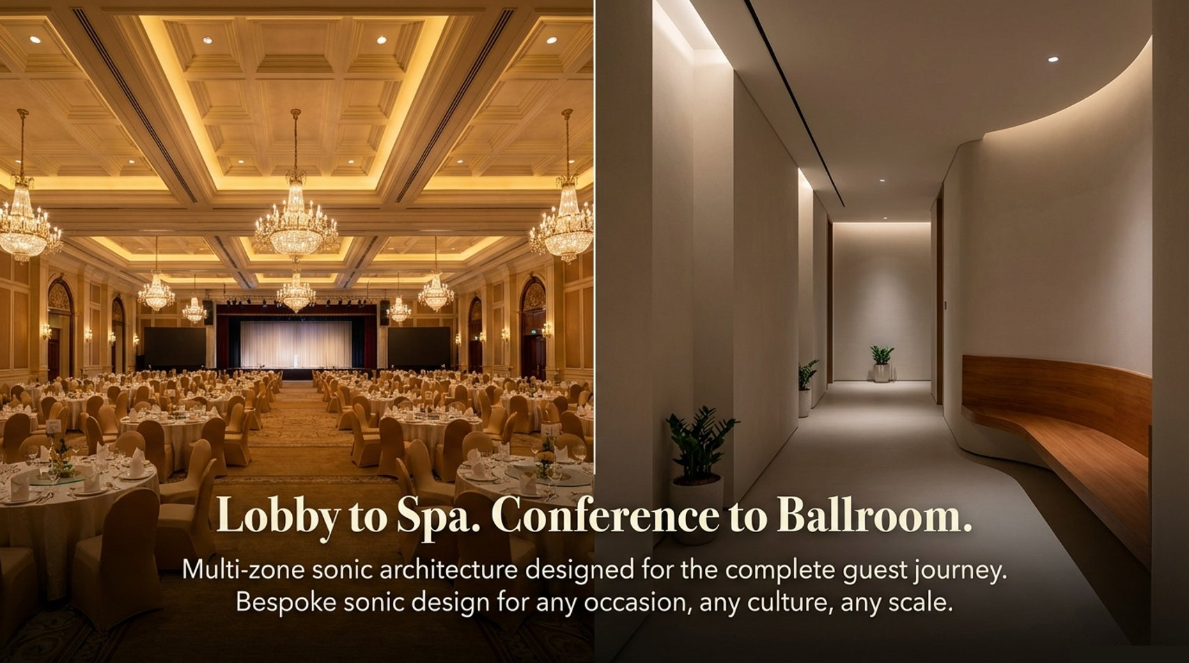 Lobby to Spa. Conference to Ballroom. Multi-zone sonic architecture designed for the complete guest journey.